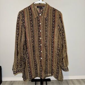 Liz Claiborne Women’s Size 10 Petite Black Gold Stripped Silk Long Sleeve Blouse